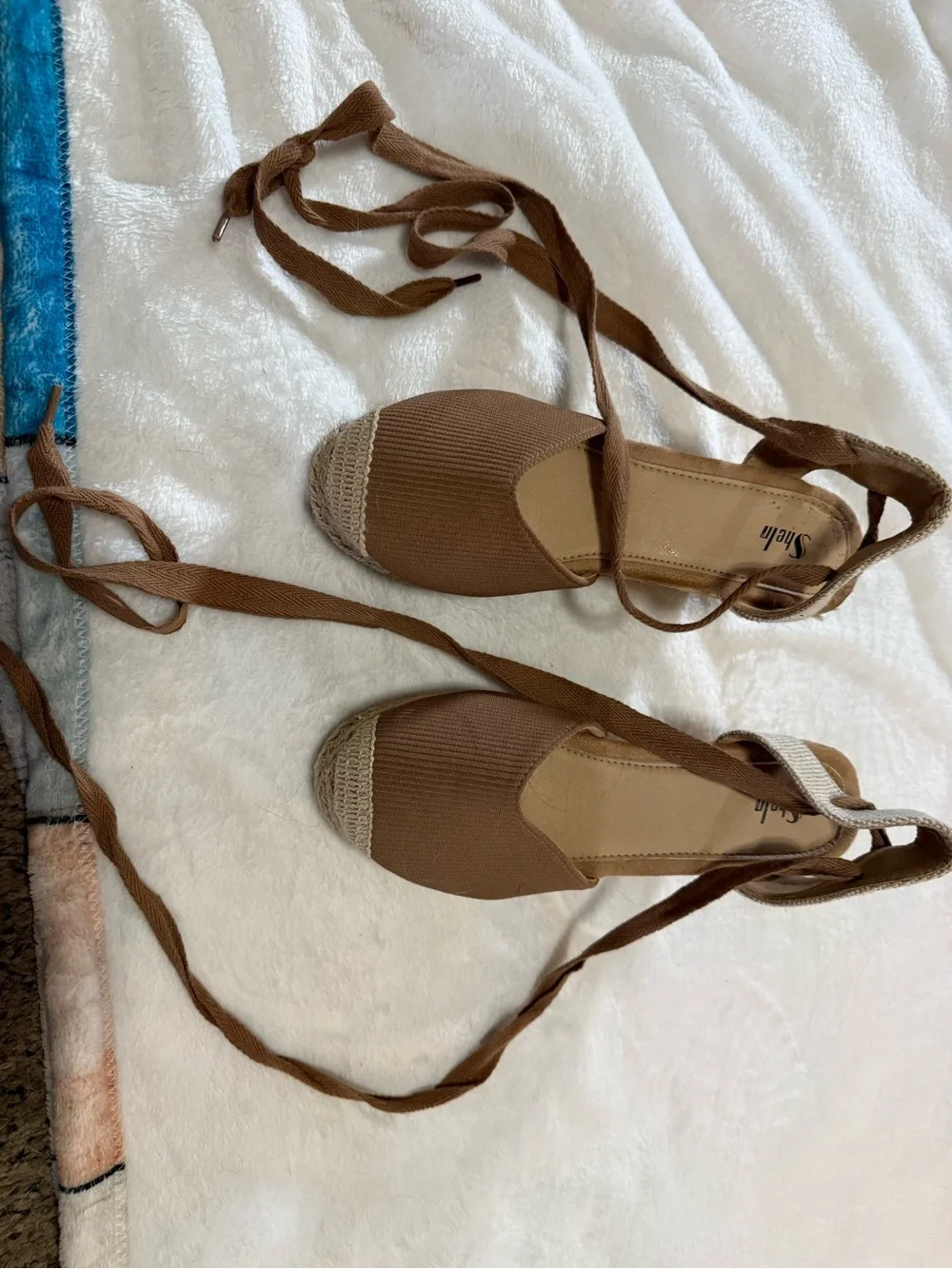 SHEIN Brown Lace-Up Espadrille Flats with Woven Toe